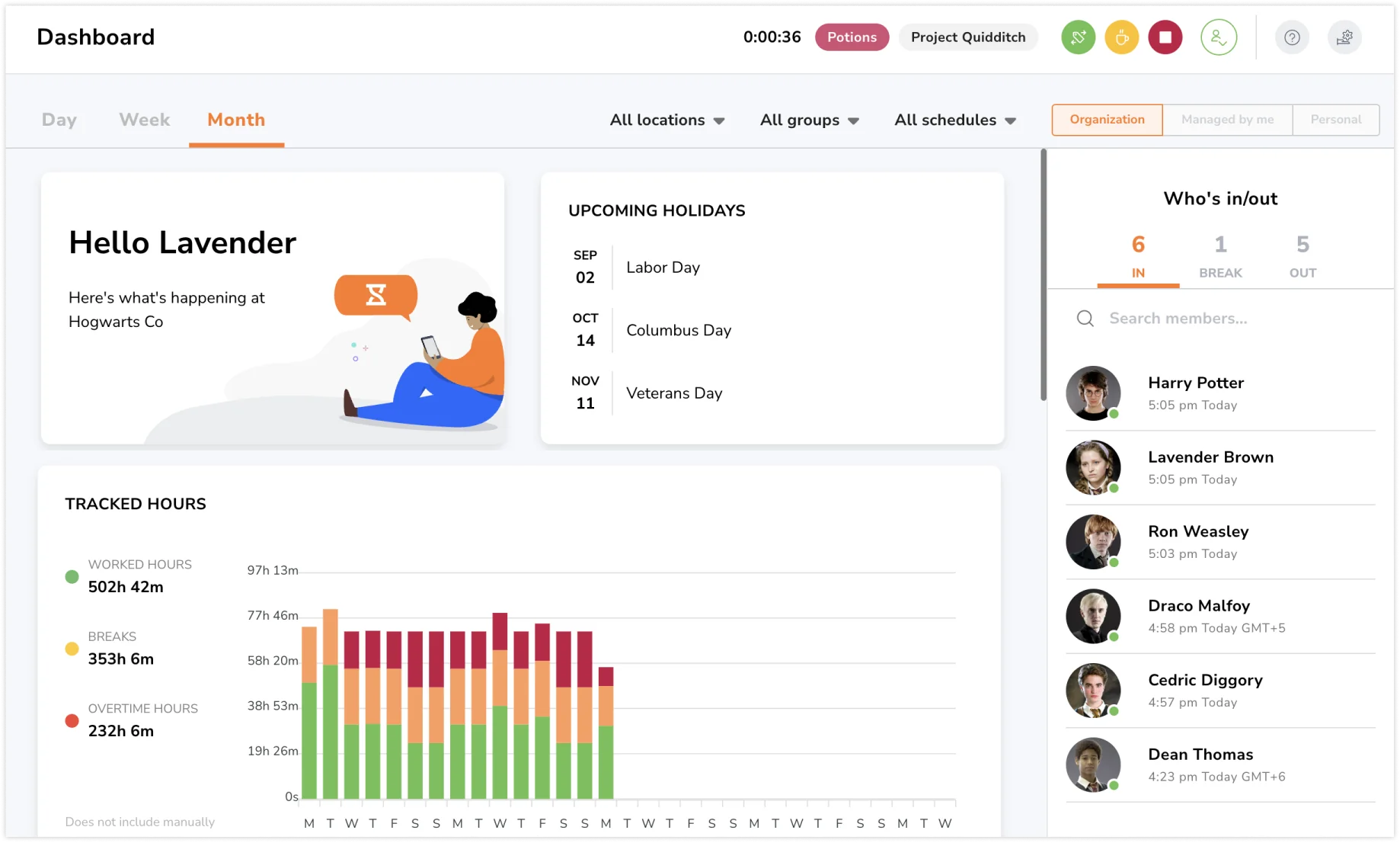 Dashboard overview on web app